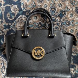 Michael Kors Black Saffiano Satchel with Gold MK Logo
